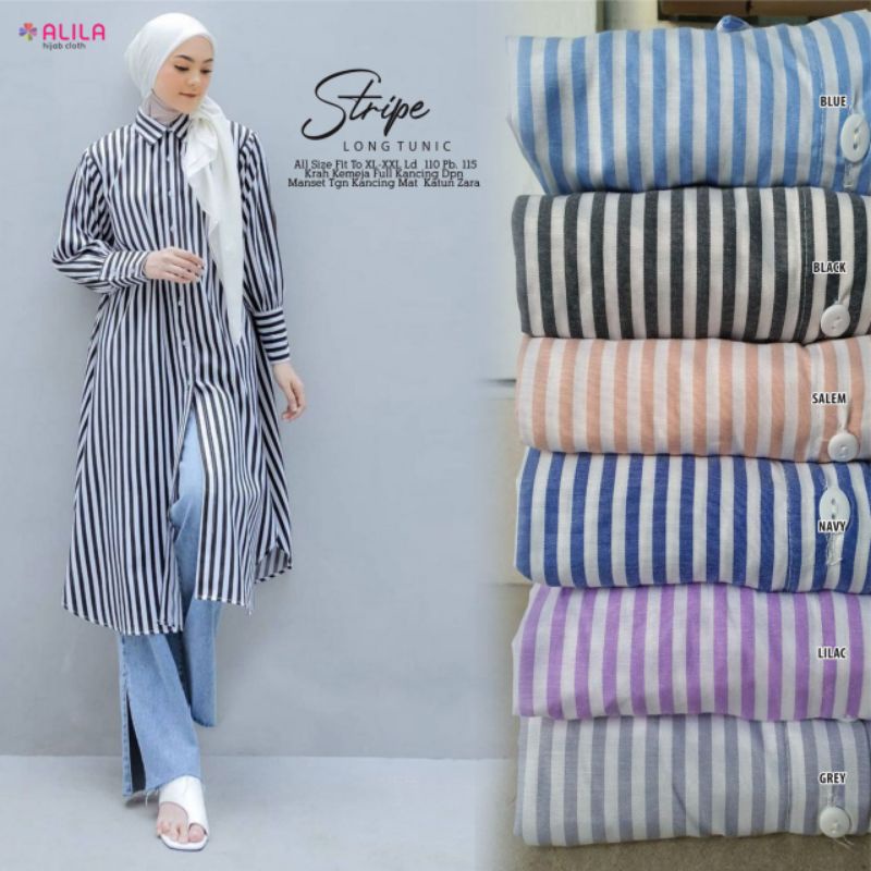 STRIPE LONG TUNIC BY ALILA ATASAN KEMEJA KATUN FULL KANCING LD 110