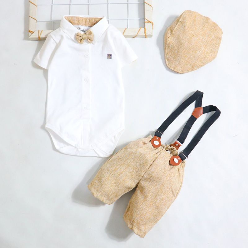 Baju setelan Jumper Suspender Anak Bayi Laki-laki plus topi / Setelan Suspender Bayi Size 3 -9 Bulan-7