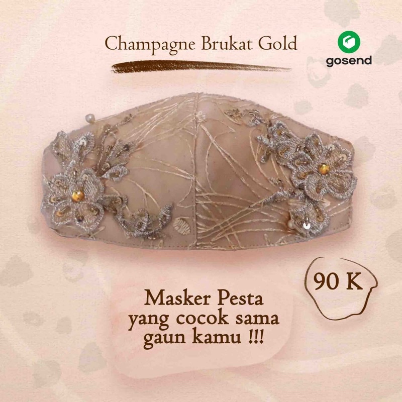 Masker Kain Brokat Pesta Premium 3ply | Satin Nude | Brokat Gold