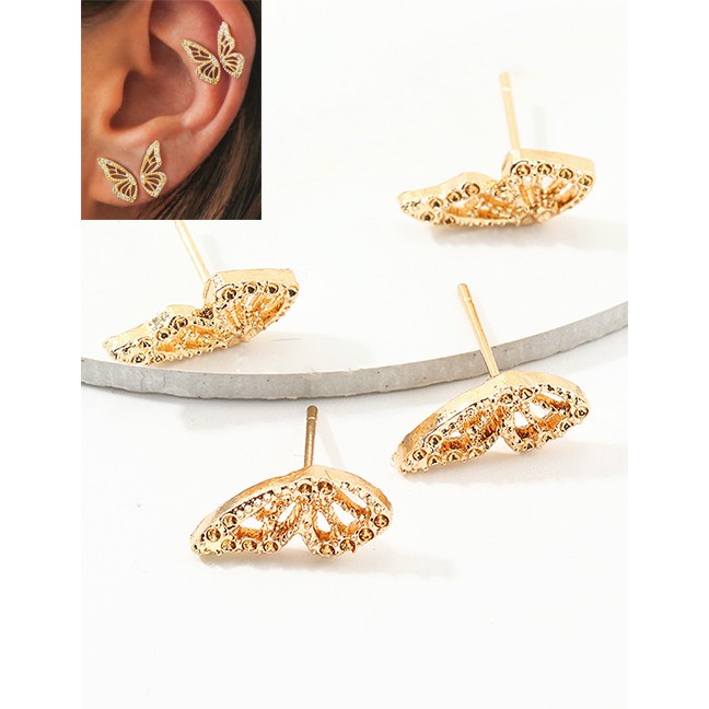 LRC Anting Tusuk Fashion Golden Metal Symmetrical Butterfly Earring Set D81671