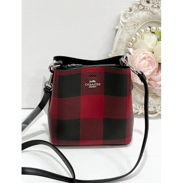 Coach Mini Town Bucket Bag With Buffalo Plaid Print Black Red Mult