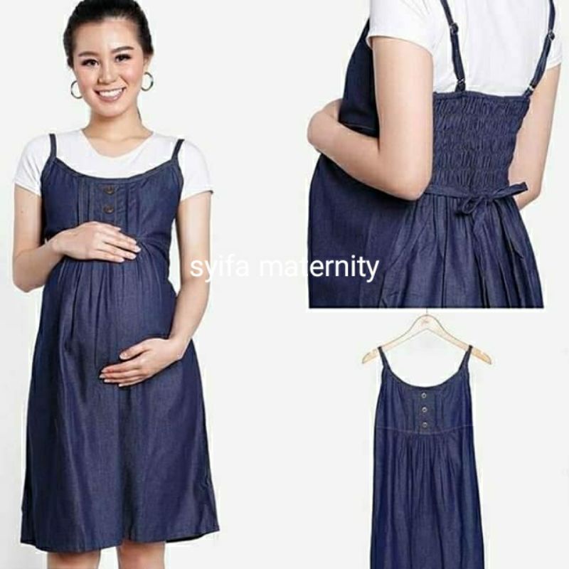 AT155 Dress Hamil Overall Jeans - Syifa Maternity