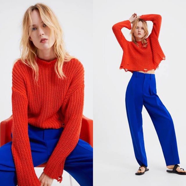 KOREA RAJUT LUCU HITAM BIRU LANGIT UNGU / Zara destroyed orange knit sweater