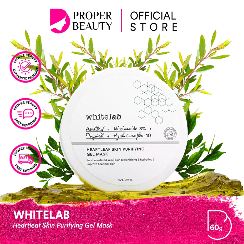 WHITELAB Heartleaf Skin Purifying Gel Mask Indonesia / Mugwort Pore Clarifying Masker Facial Wash Hydrating Essence Toner Serum Ampoule Day Night Underarm Eye Cream Sunscreen Clay Body Soap / Face Brightening Acne Niacinamide Peeling Paket Wajah Lengkap