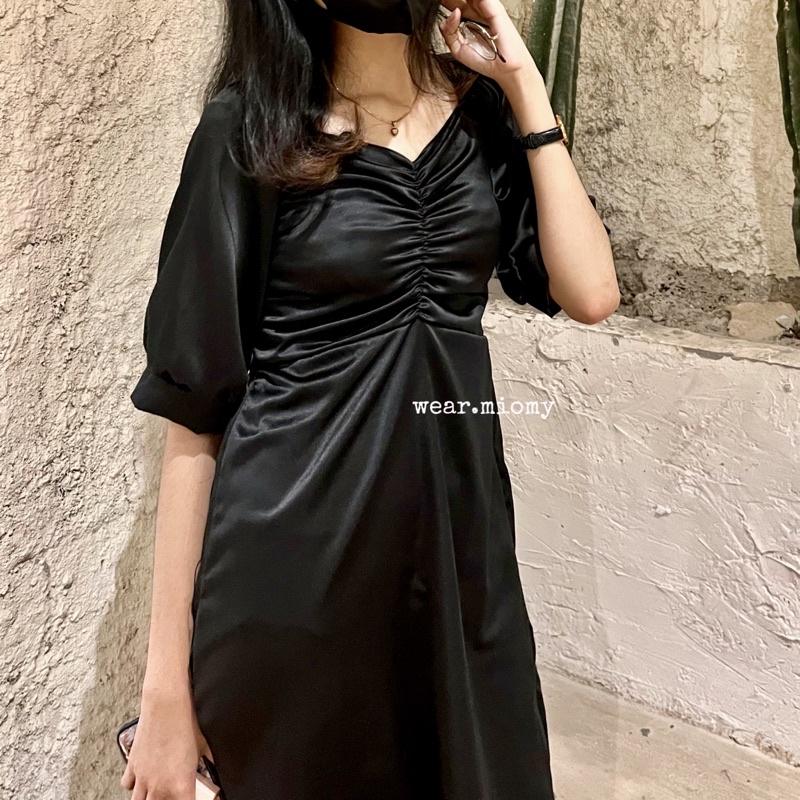 [ S-XXXXXL ] Chea dress wanita lengan pendek sabrina kerut perempuan polos remaja atasan jumbo pesta