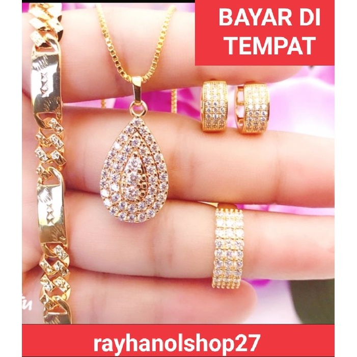 SET WANITA TITANIUM PLAT JUMBO full PERMATA LAPIS EMAS ANTI KARAT TERSEDIA WARNA GOLD &amp; SILVER MEWAH