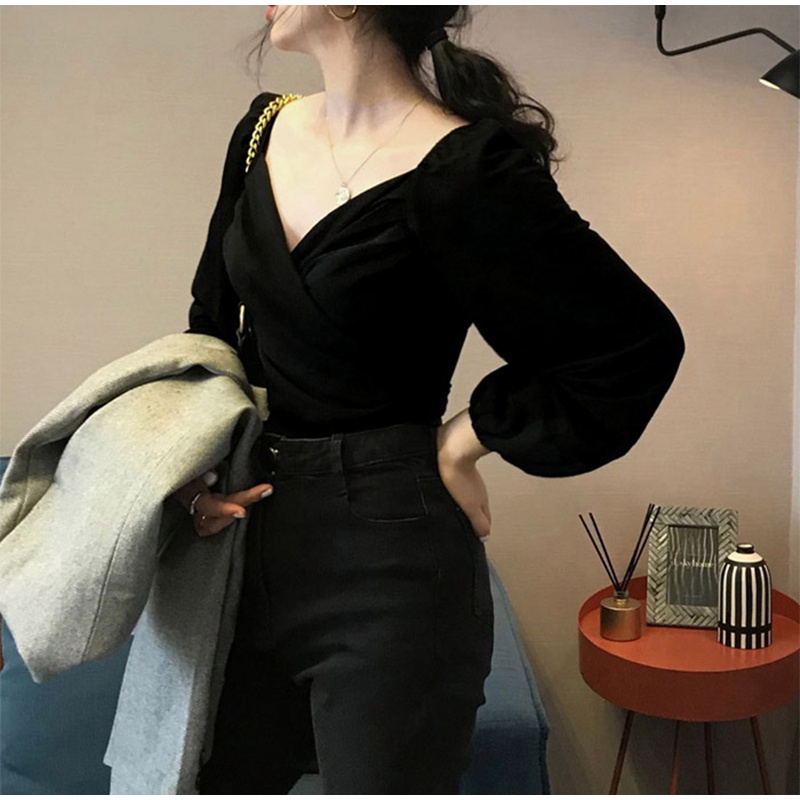 kemeja beludru wanita lengan panjang hitam Korean retro style Crop blouse Shirt