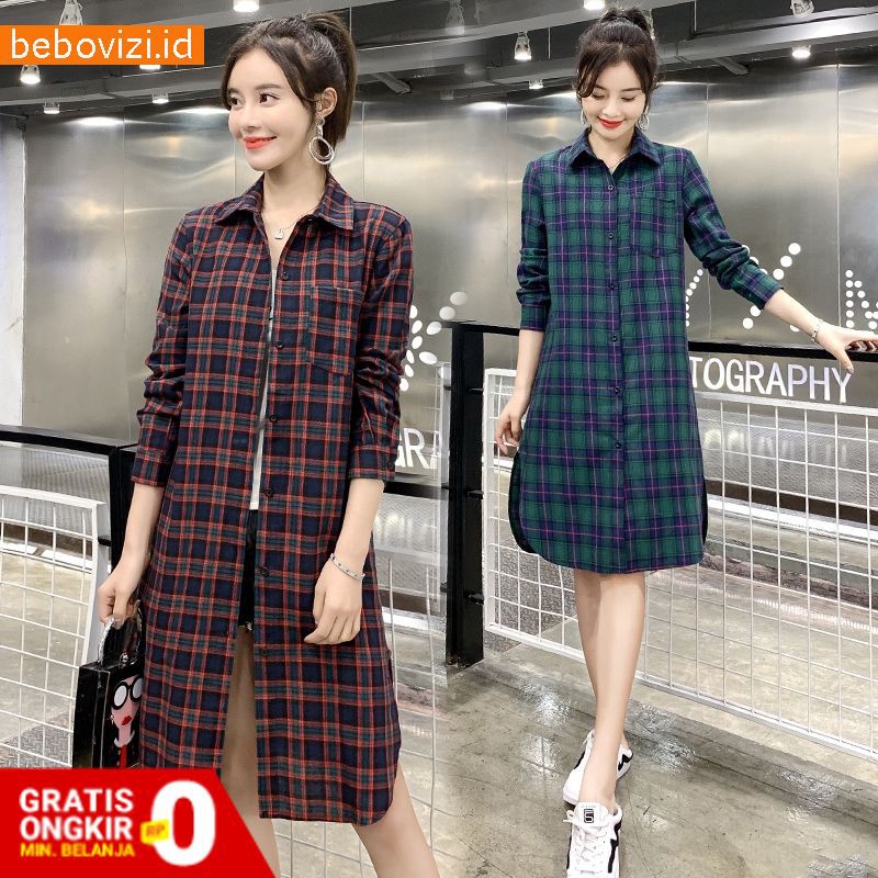 Baju Wanita Jumbo Kemeja Korea Lengan Panjang Motif Kotak-Kotak, Ada
