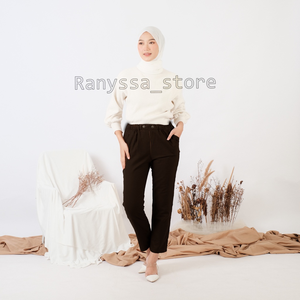 Baggy Pants Wanita Celana Panjang Wanita Bahan Linen Rami Premium Pants Karet Pinggang Celana Kerja Bawahan Wanita Muslim-4