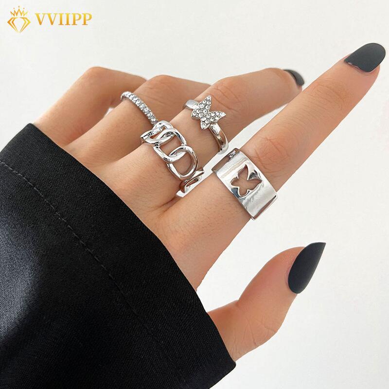 Fashion Crystal Butterfly Ring Set Simple Hollow Silver Rings for Women Jewelry Accessories