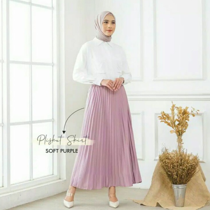 ROK PLISKET MURAH PRISKET PLEATED SALE POLOS REMPEL MUSLIMAH SKIRT ABG FLARE SKIRT MAYUNG FLOWY-DUSTY PURPLE