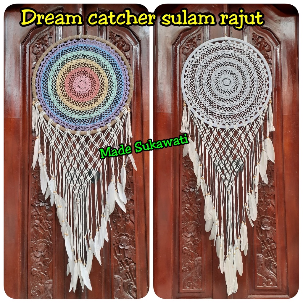 Dream catcher sulam jaring pelangi diameter 42cm panjang 128cm dekorasi hiasan rumah bulu ayam