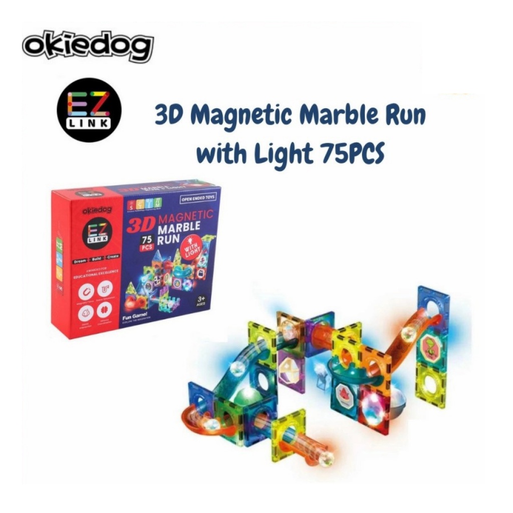 Okiedog EZLink 3D Magnetic Marble Run with Light 75PCS mainan anak