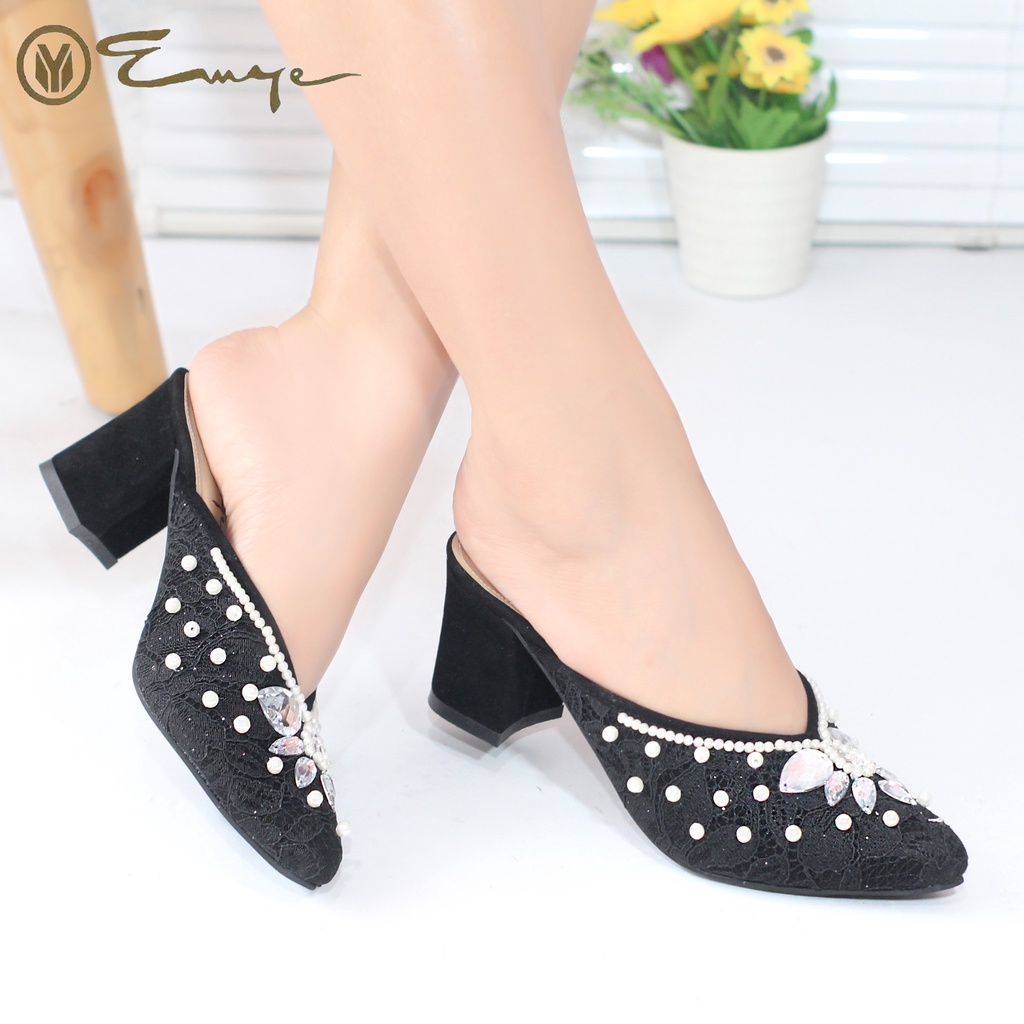 EMYE I Sepatu Pesta Pengantin Wanita Brukat Payet Wedding Shoes 7cm dan 5cm Glitter Original Mutiara