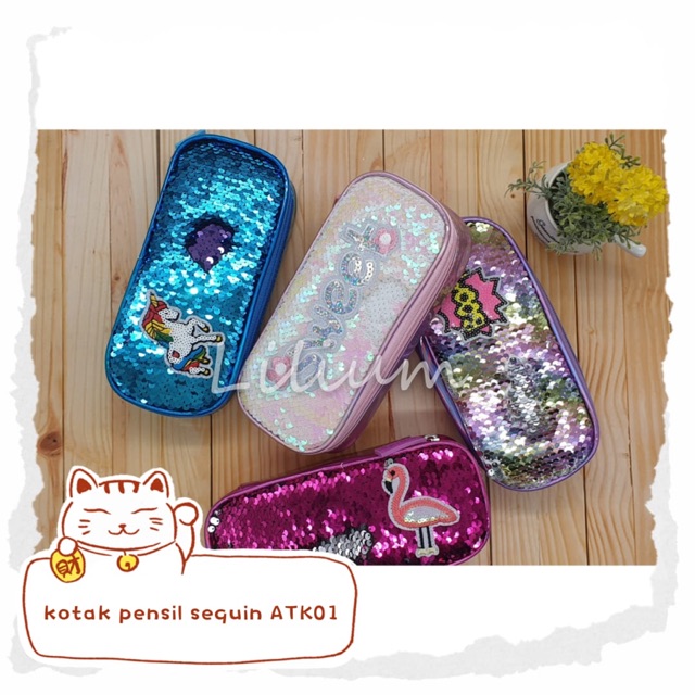 Kotak pensil sequin unicorn flamingo ATK01 pencil case reversible