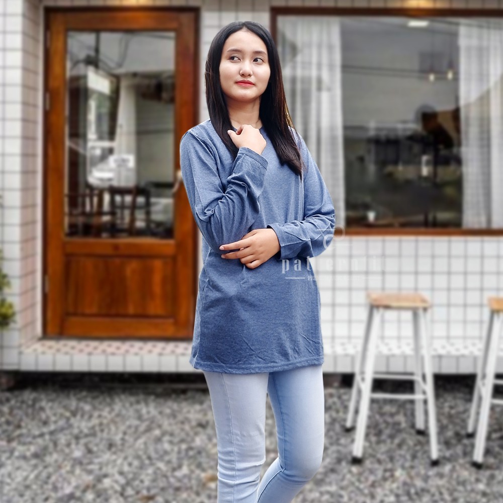 Kaos Polos Lengan Panjang Biru Misty Twotone 30s