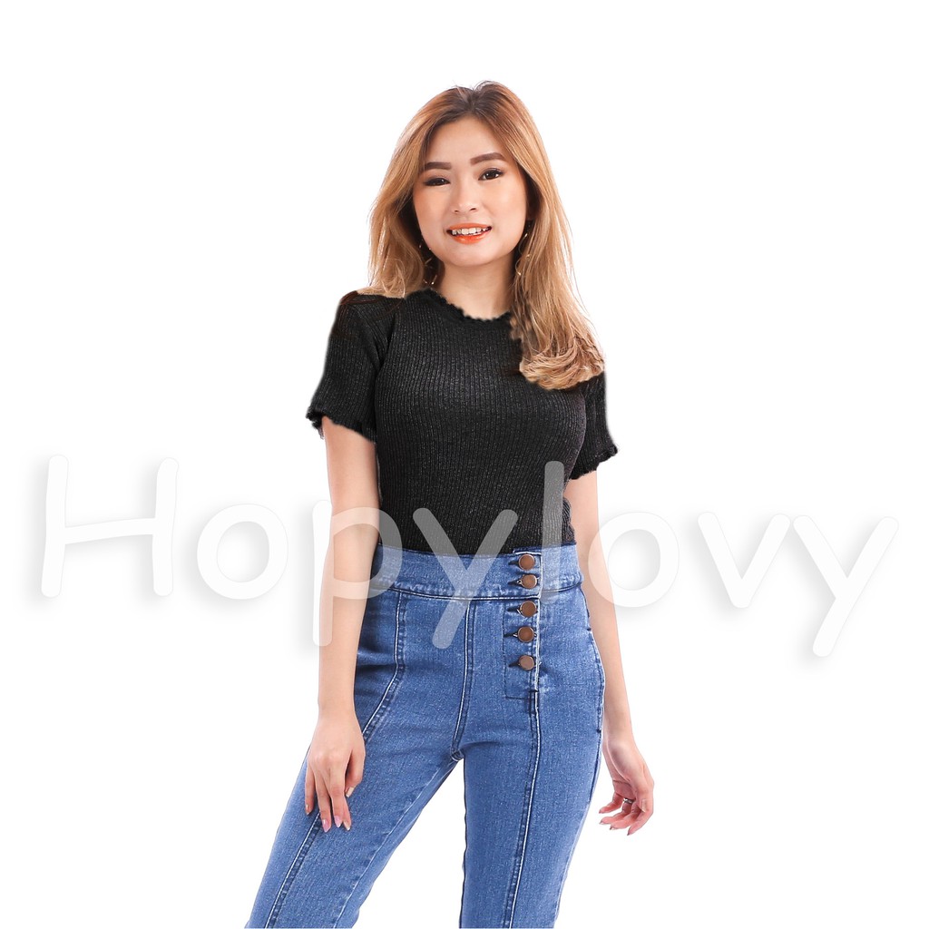 HOPYLOVY - Atasan Rajut Wanita Tshirt Kaos Rajut Kriwil Premium