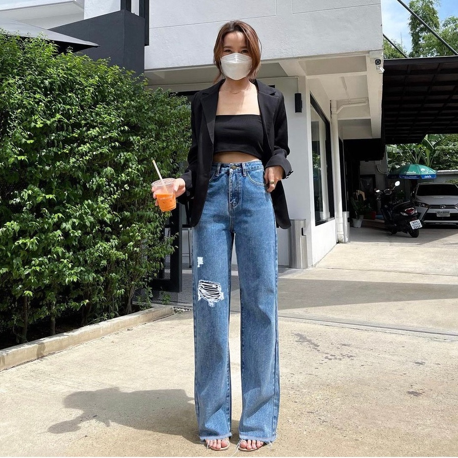 HOPYLOVY Celana Loose Jeans Wanita Boyfriend High Waist Jeans Sobek Furing Rawis Danira