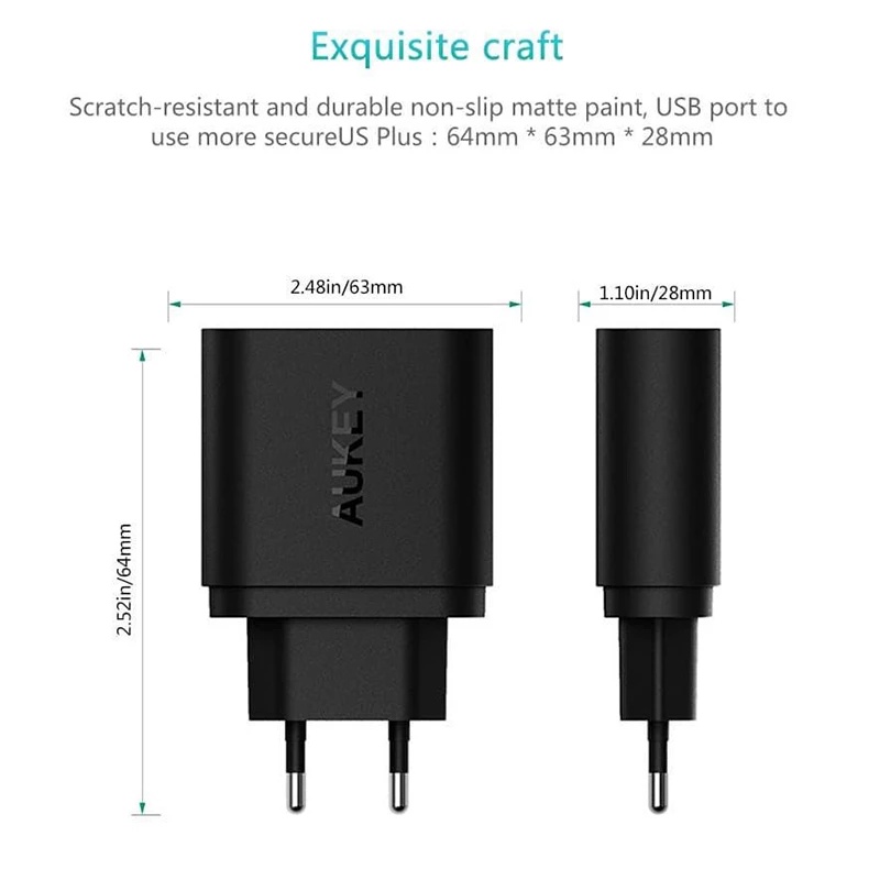 Aukey PA-T16 Adapter Charger 36W PD 2 Port USB Tipe-C QC3.0 Fast Charging Plug EU Untuk xiaomi