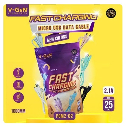 PACK KABEL DATA V-GEN MICRO BULAT PCM2-02 FAST CHARGING 2.1A (isi 25 pc)