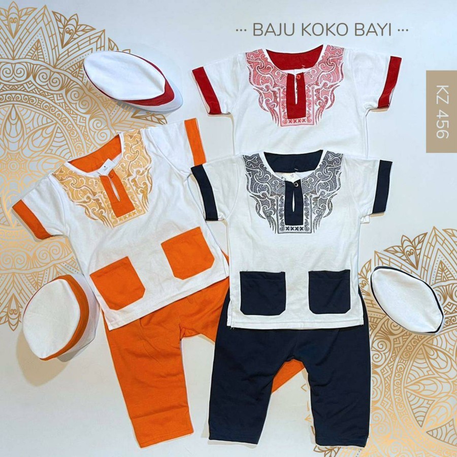 CHOCO - BJ351 baju koko 1-2 tahun dapat peci setelan anak balita laki cowok putih white orange merah