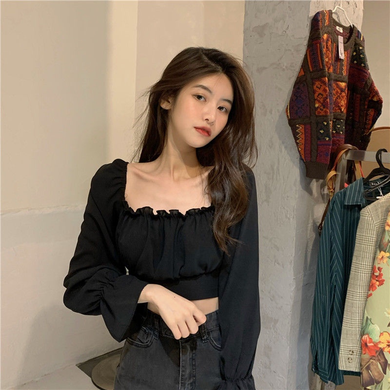 Shifon blus fairy ruffled square collar waist puff lengan kemeja pendek lengan panjang top wan