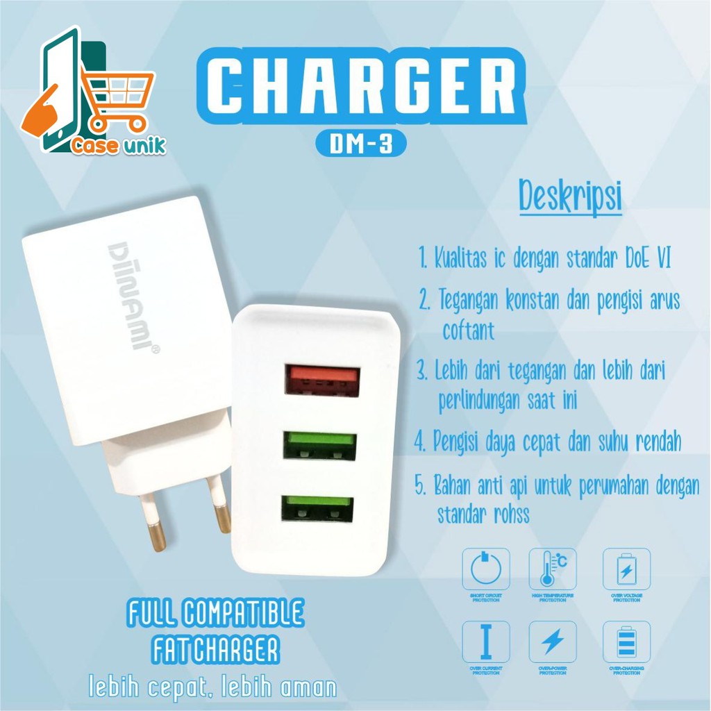 BM101 ADAPTOR BATOK CHARGER DIINAMI DM-3 3USB PORTS QUALCOM android &amp; iPhone garansi 1tahun CS3019