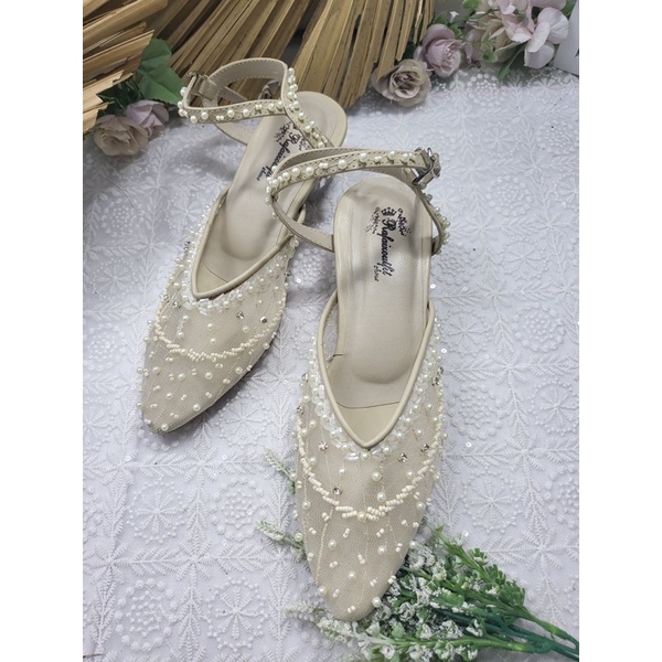 RaFaiZoutfit-reyna  sepatu wedding wanita sepatu cantik hells cream tali tinggi 3cm kaca