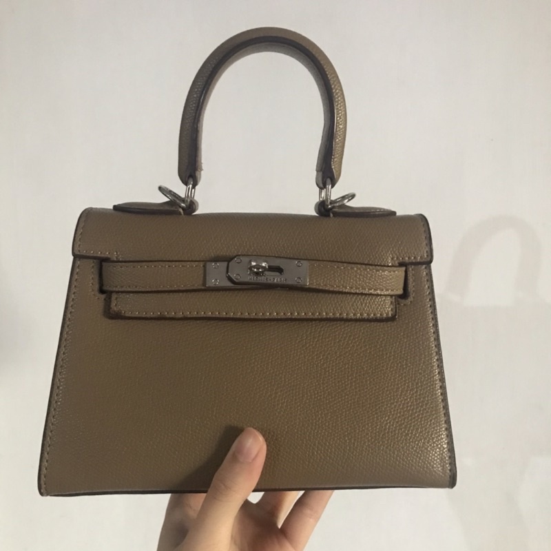 TAS HER*MES MINI KELLY TAUPE MIRROR PRELOVED TOP HANDLE BAG
