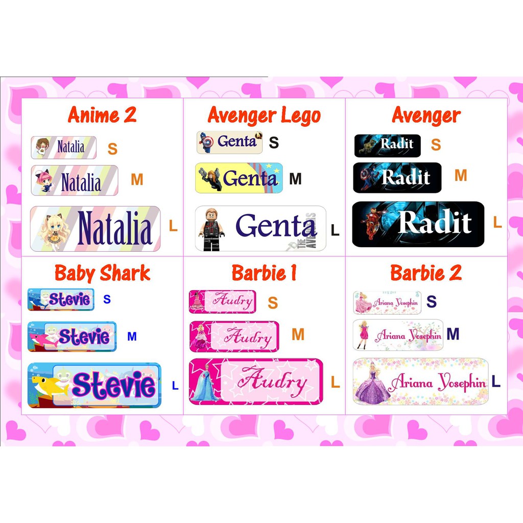 

STIKER STICKER LABEL NAMA WATERPROOF BASIC : ANIME 2 , AVENGER LEGO , AVENGER , BABY SHARK , BARBIE