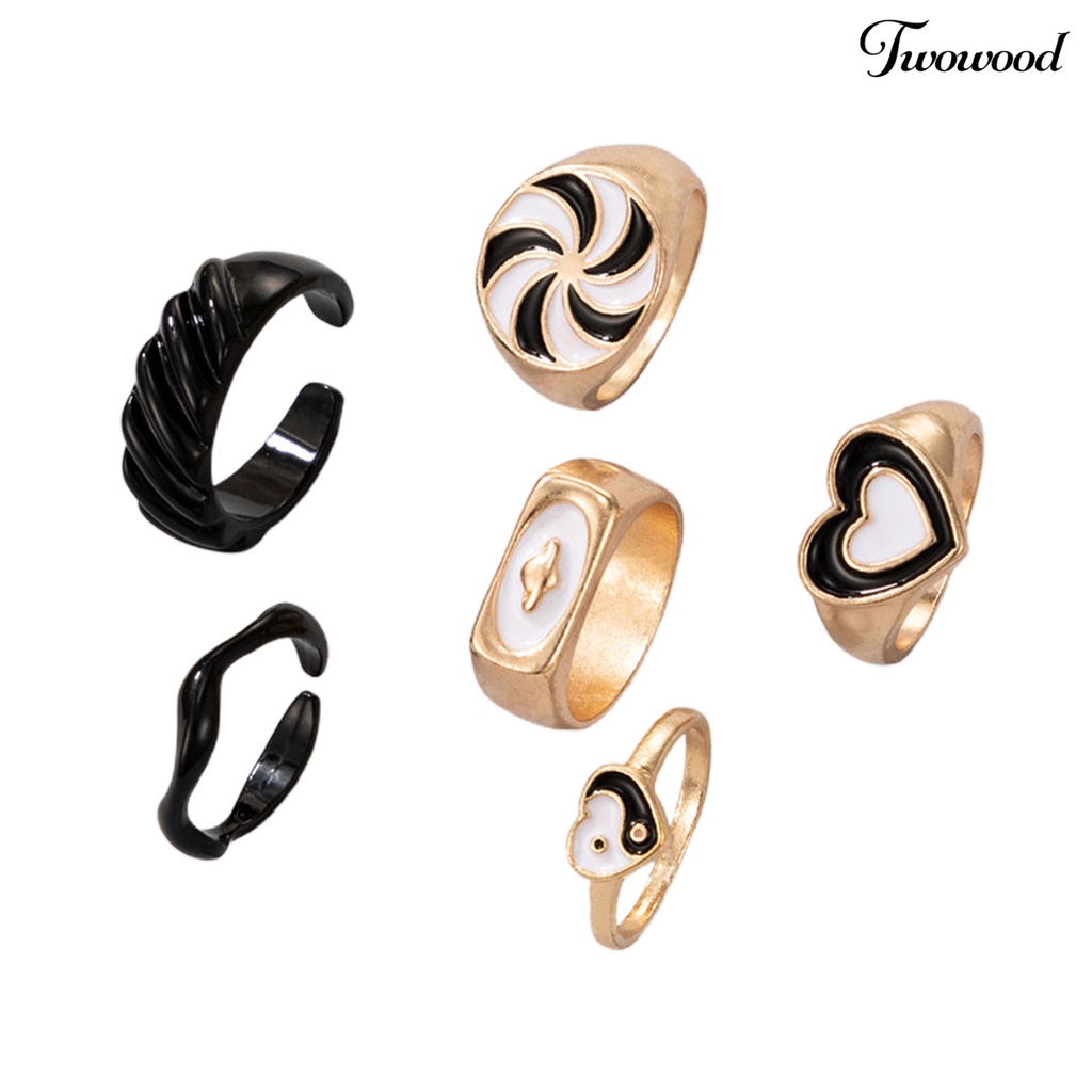 6pcs / Set Cincin Jari Model Terbuka Dapat Ditumpuk Bentuk Hati Kincir Angin Untuk Unisex