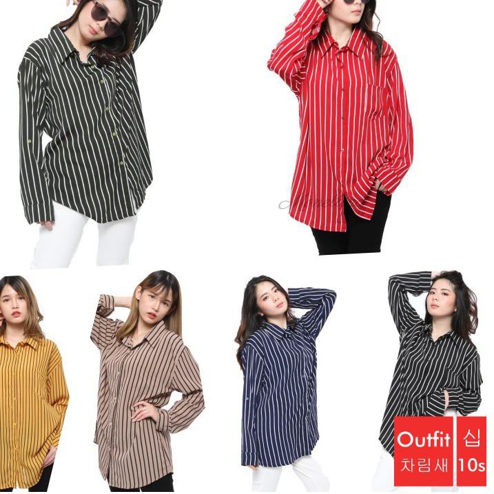 Baju Hem Wanita Lengan Panjang Jumbo Garis Vertikal Shopee Indonesia