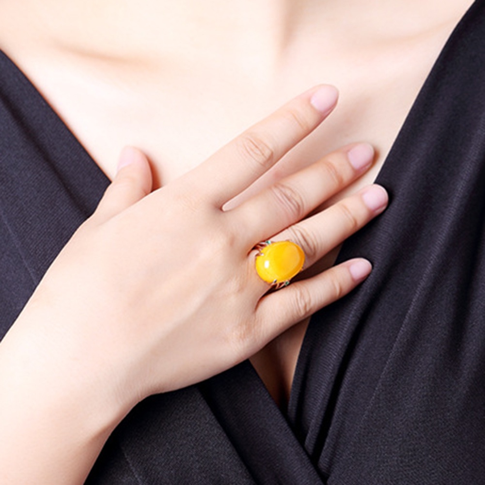 Hu Hu Hu Hu Hu Alat Bantu Pasang Kacamata♡ Cincin Wanita Model Terbuka Hias Batu Amber Imitasi Bentuk Oval Gaya Vintage Untuk Pernikahan / Hadiah