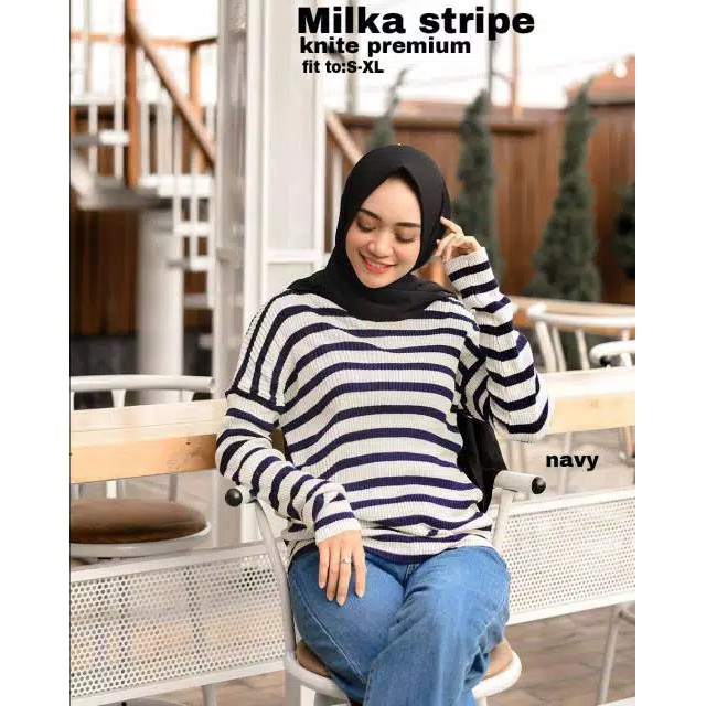 KNIT MILKA STRIPE BAHAN RAJUT KNIT PREMIUM TO FIT L LD 92 PJ 65