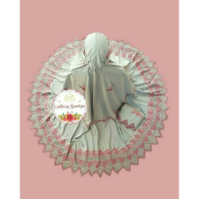 Mukena bordir bukittinggi bunga keliling putih pink muda polos motif bunga daun padat
