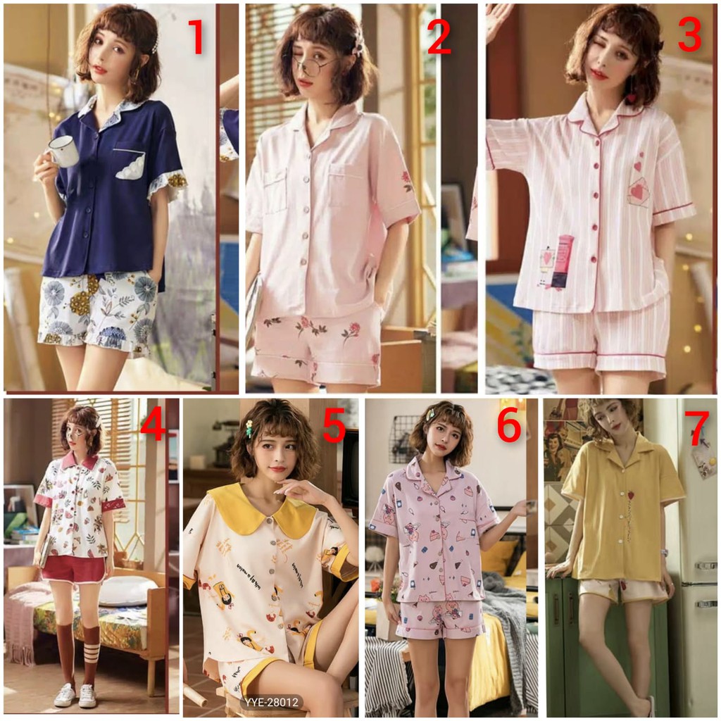 BAJU TIDUR PIYAMA WANITA KRAH KANCING LENGAN PENDEK SETELAN CELANA PENDEK KATUN IMPORT BERKUALITAS MOTIF TERBARU SIZE M-2XL FIT TO 70KG