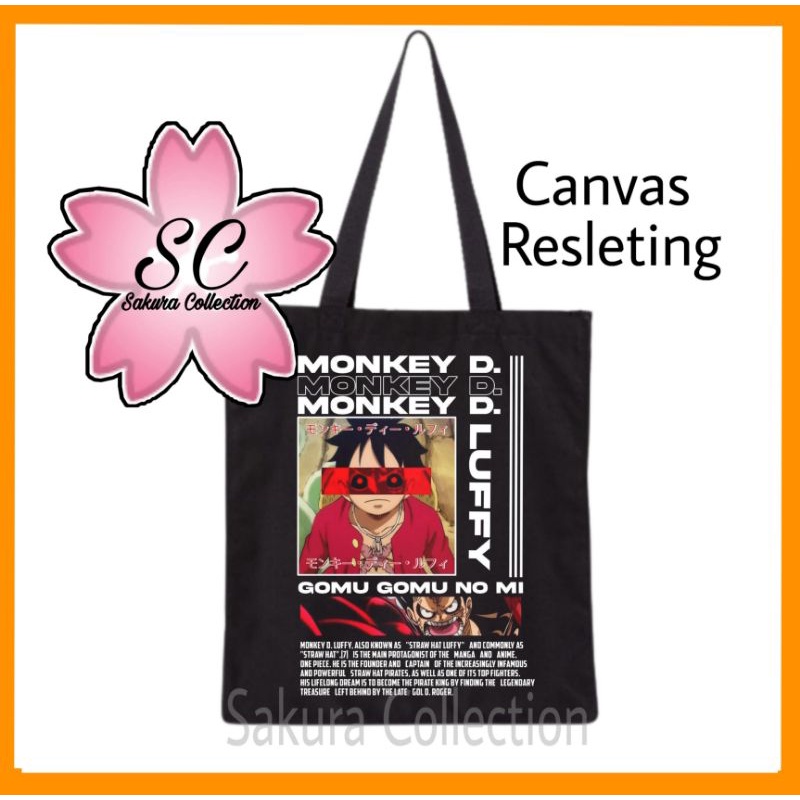 Tote bag Anime One Piece Monkey D Luffy Api Otaku Jepang totebag resleting / canvas / tas jinjing hitam polos / tas ngaji / tas sekolah/ tas kuliah / tas laptop / tas main / tas belanja