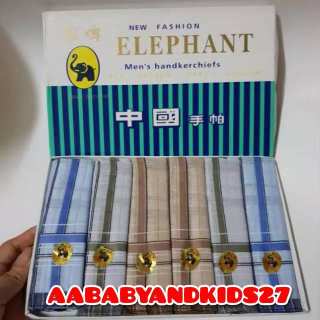 6Pcs Saputangan Katun Pria Cap Gajah Motif Tua Dan Muda-Saputangan Dewasa Elephants Ukuran 40x40 cm