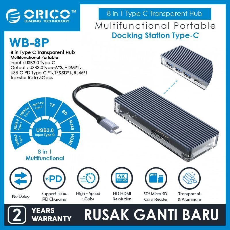 ORICO WB-8P Type-C 8-in-1 Transparent Hub