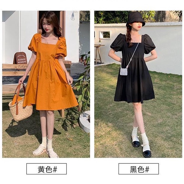 [littlecrab] Dress Square Neck Lengan Balon Simple Polos Orange Hitam Dress Bahan Berkualitas Lembut Elegan Dress Pendek Korean Style Simply Aesthetic