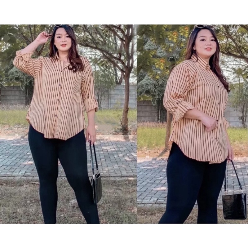 real pic Kemeja casual wanita jumbo/ kmj strip jumbo / striped long sleeve/jumbo size