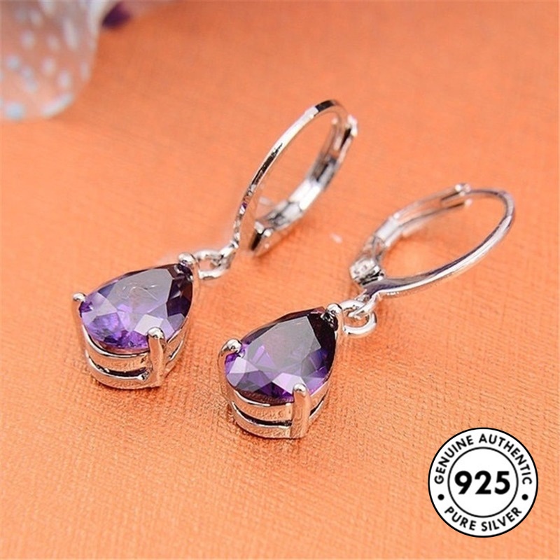 Anting Tusuk Sterling Silver 925 Desain Tetesan Air Hias Batu Permata Warna-Warni Untuk Wanita