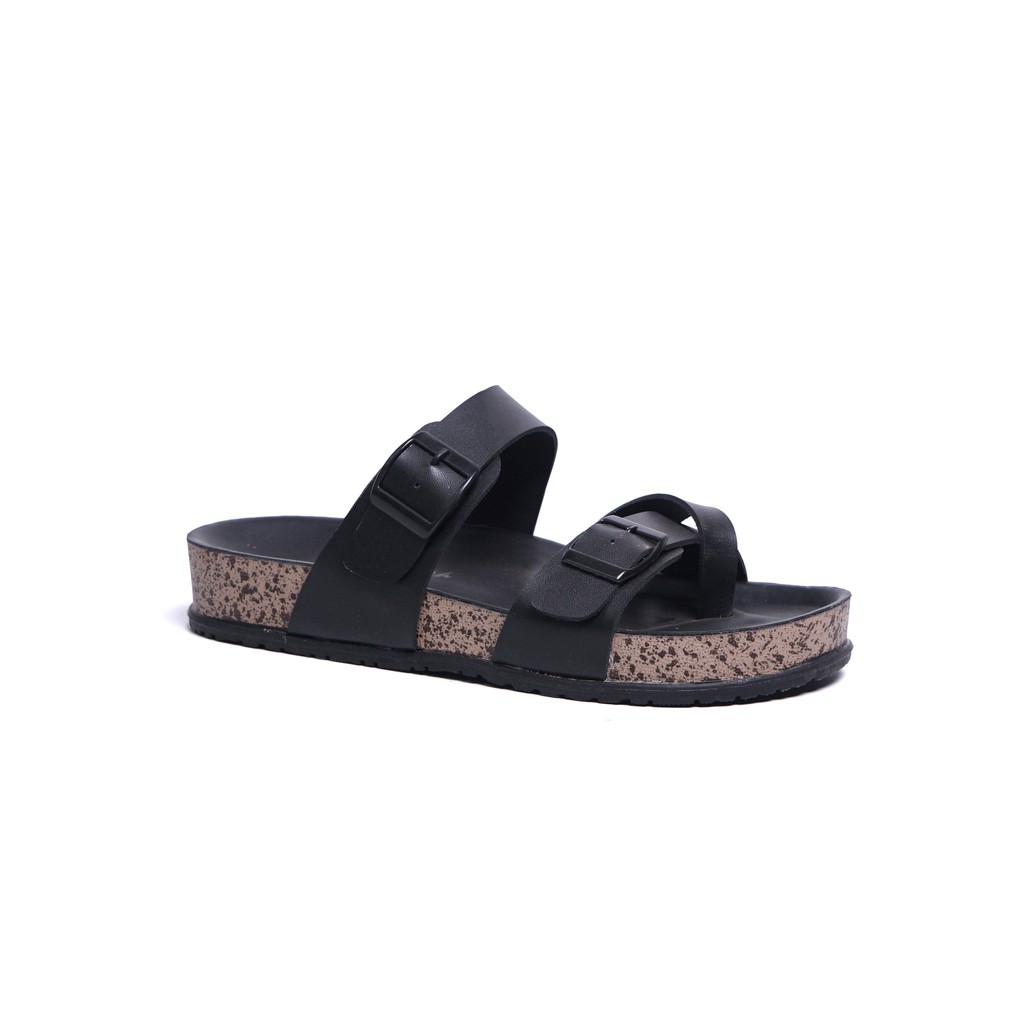 Sara Sara KELLY Sandal wanita casual sandal slop kulit sol puyuh kekinian  birken ban dua  silang-Black