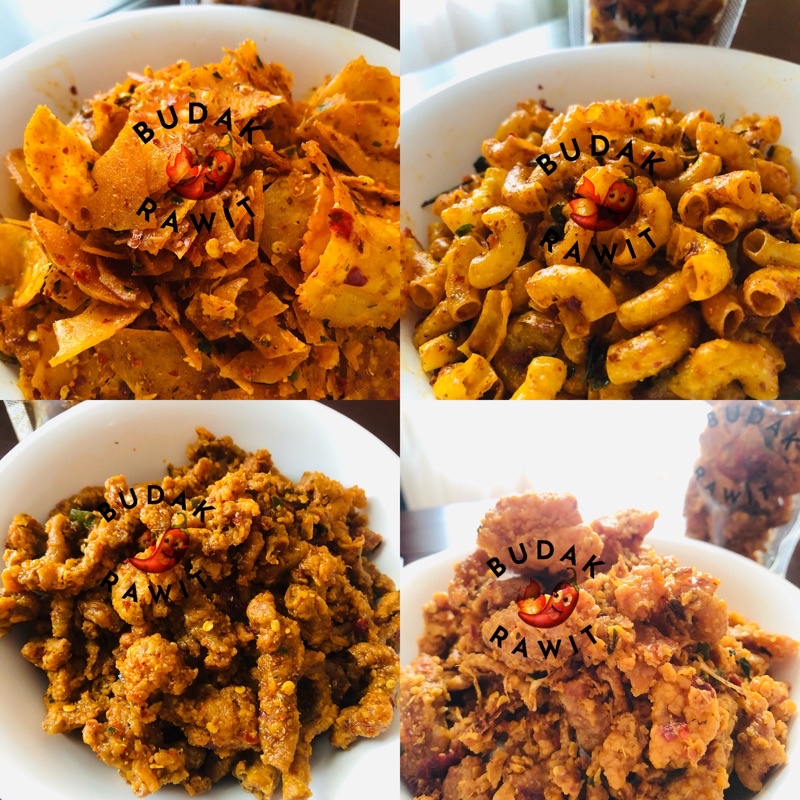 Varian Rawit daun jeruk Basreng makaroni kulit ayam usus keripik udang cemilan rachel pedas