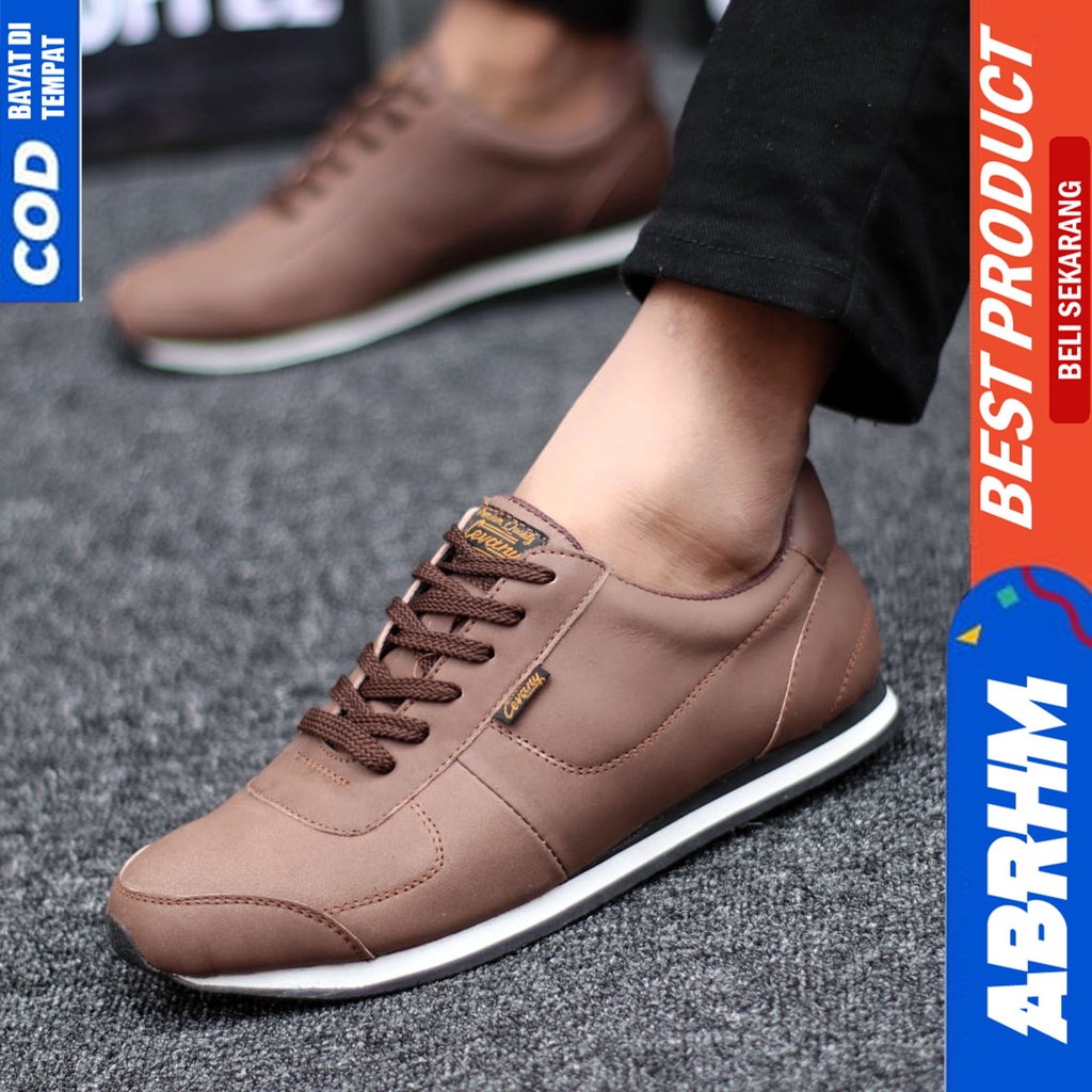 Sepatu Sneakers Kulit Asli Kerja Hitam Pria Santai ABRHM MORLEY