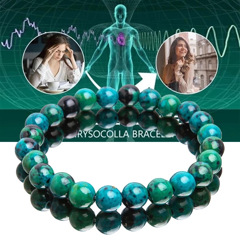 Gelang Manik-Manik Chakra Chrysocolla Malachite Adjustable Untuk Pria Dan Wanita