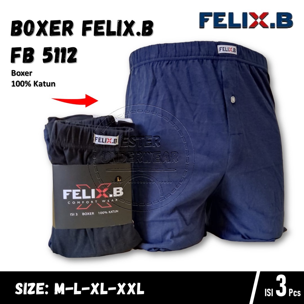 Felix.B Celana Boxer Pria FB 5112 ISI 3Pcs Motif Polos