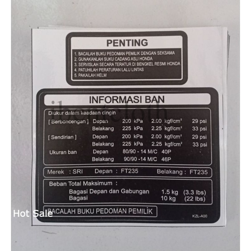 STIKER INFORMASI BAN HONDA PENTING VARIO BEAT SCOOPY