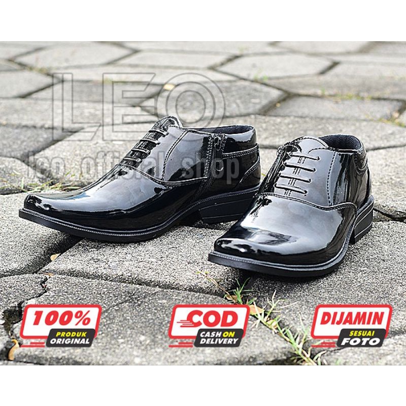 Sepatu PDH 02 POLRI Dinas PDH Pendek Pria POLISI Security Satpam Sepatu Kerja Guru PNS Kantor Perkantoran Hitam Glossi - DP02