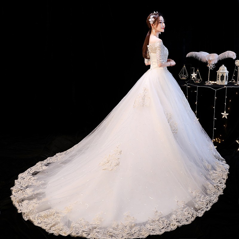 Gaun Wanita Model Off-Shoulder Lengan Setengah dengan Bahan Lace dan Bergaya Elegan untuk Pesta
